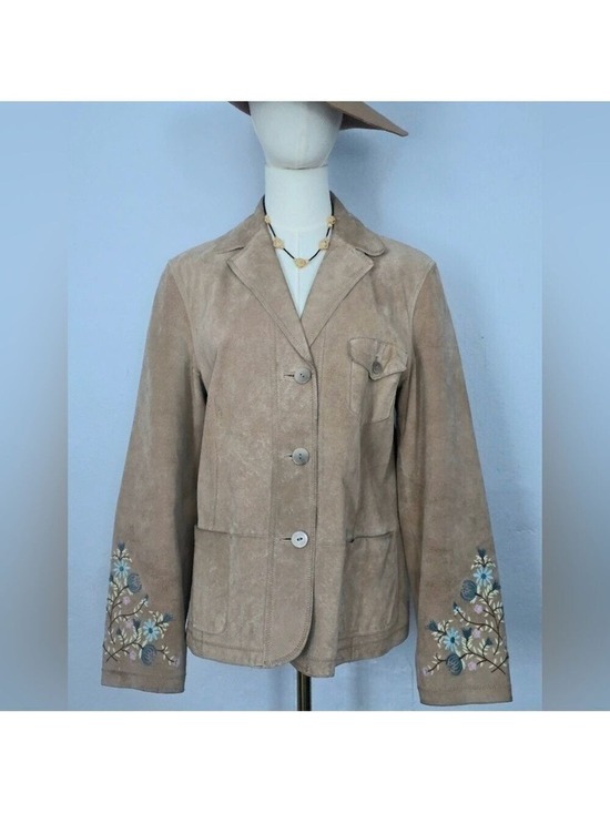 J. Jill Jackets & Blazers - Tan Suede Floral Embroiderd Cuff Blazer Jacket Size M